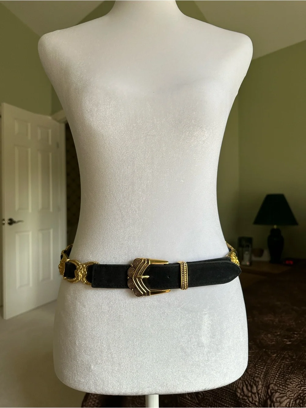 Dark Blue Velvet Belt with Ornate Gold Lion Accents